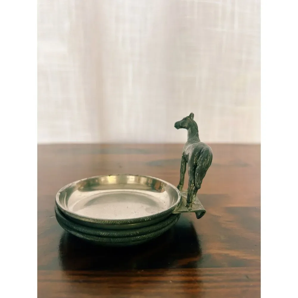 Vintage Genuine Pewter Equestrian Horse 3-Piece Coaster Stack Set